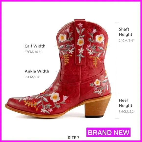 Floral Embroidered Ankle Cowboy Boots Chunky Heel Square Toe Western Pull On - Picture 6 of 7
